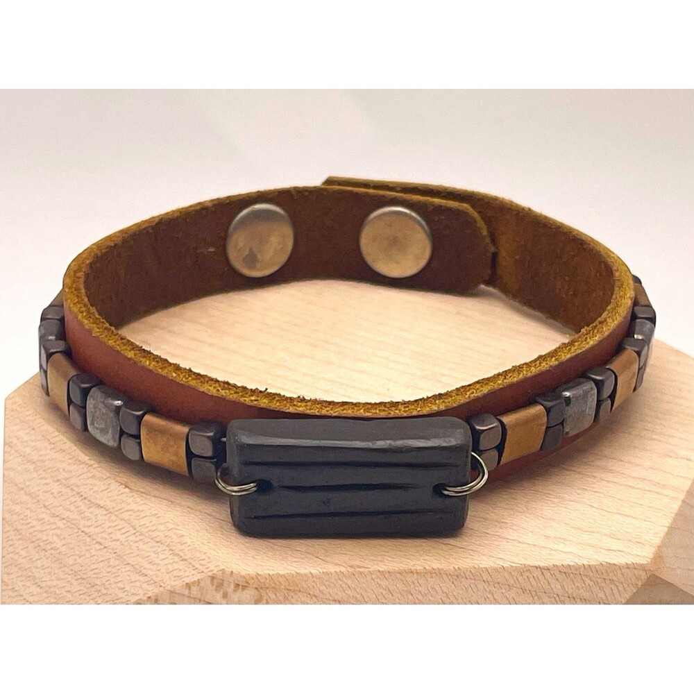 Men’s Brown Leather & Metal Beaded Bracelet Snap Closure